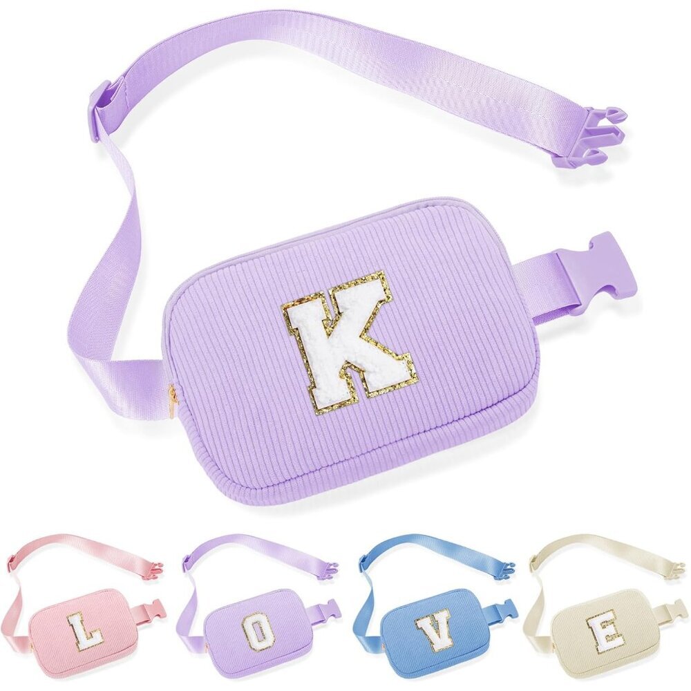 Purple Personalized Initial Corduroy Belt Bag for Women and Teen Girls